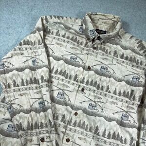 Woolrich flannel shirt Mens XL Tan Button Down Long Sleeve Fishing Trees Pattern